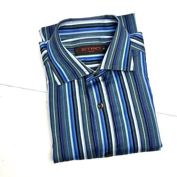 ETRO Milano Casual Button Up Shirt Cotton Blue Gray Striped Italy size 41 US 16 - Picture 3 of 12